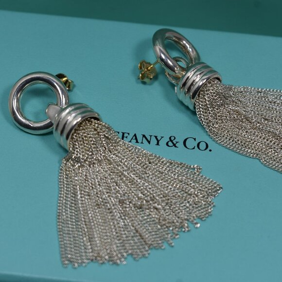 Tiffany & Co Tassel Earrings Silver 2" Dangle RARE Vintage 18K Backs & Posts Box - Picture 5 of 5